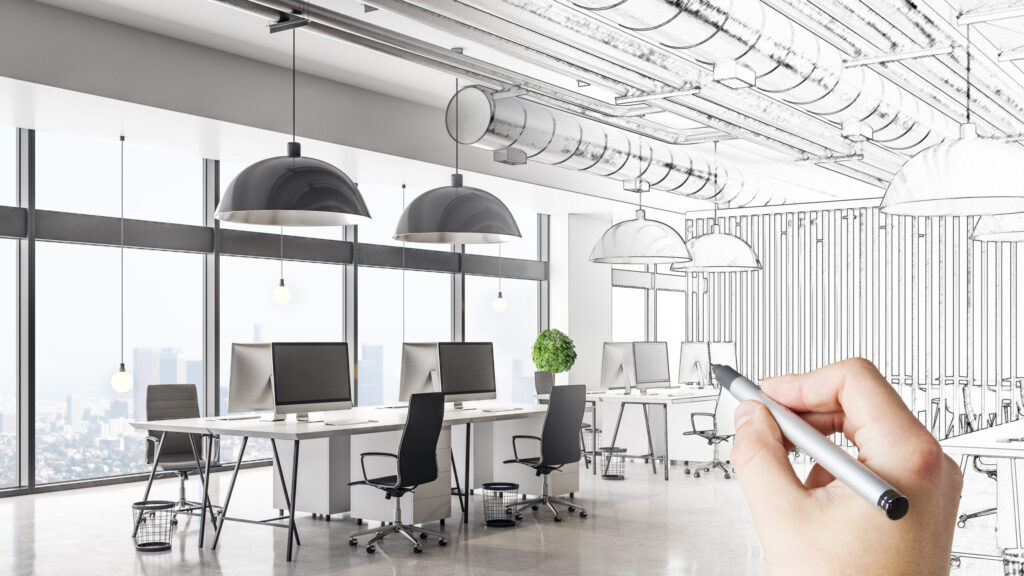 Modern hand drawn meeting room office interior with city view and daylight. Architecture and drawing concept.